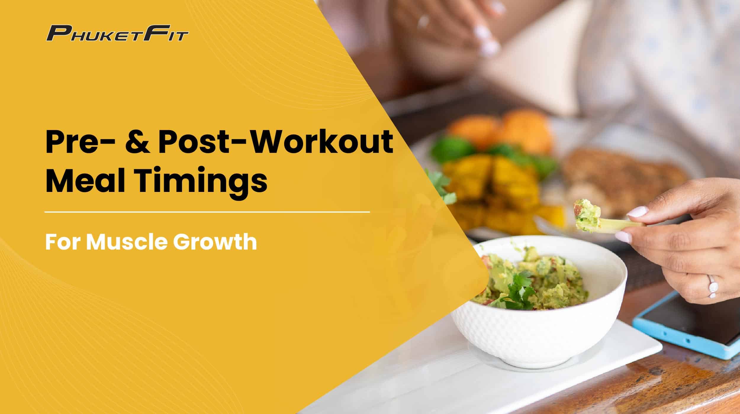 phuketfit-post-2025-pre-and-post-workout-meal-timings-for-muscle-growth A person eating a salad and using a mobile app to record daily calories