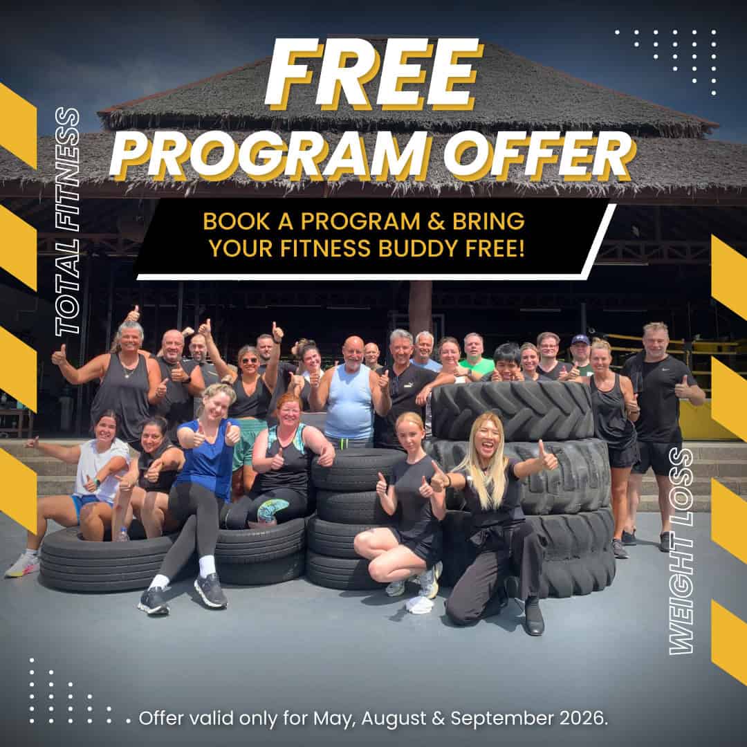 image of happy group of guests at PhuketFit promoting Buy 1 Get 1 special offer