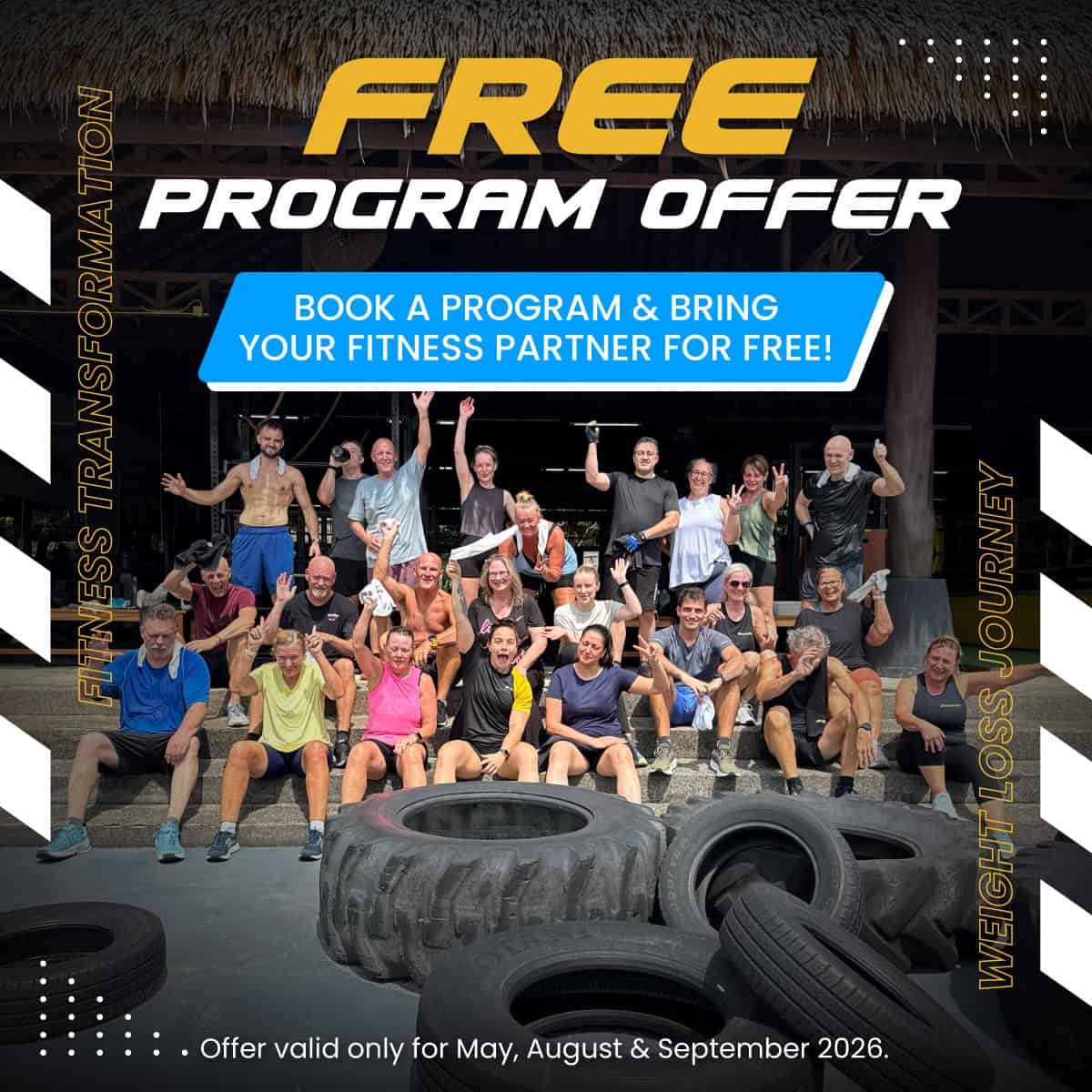 group photo of happy guests at PhuketFit with text promoting free program offer