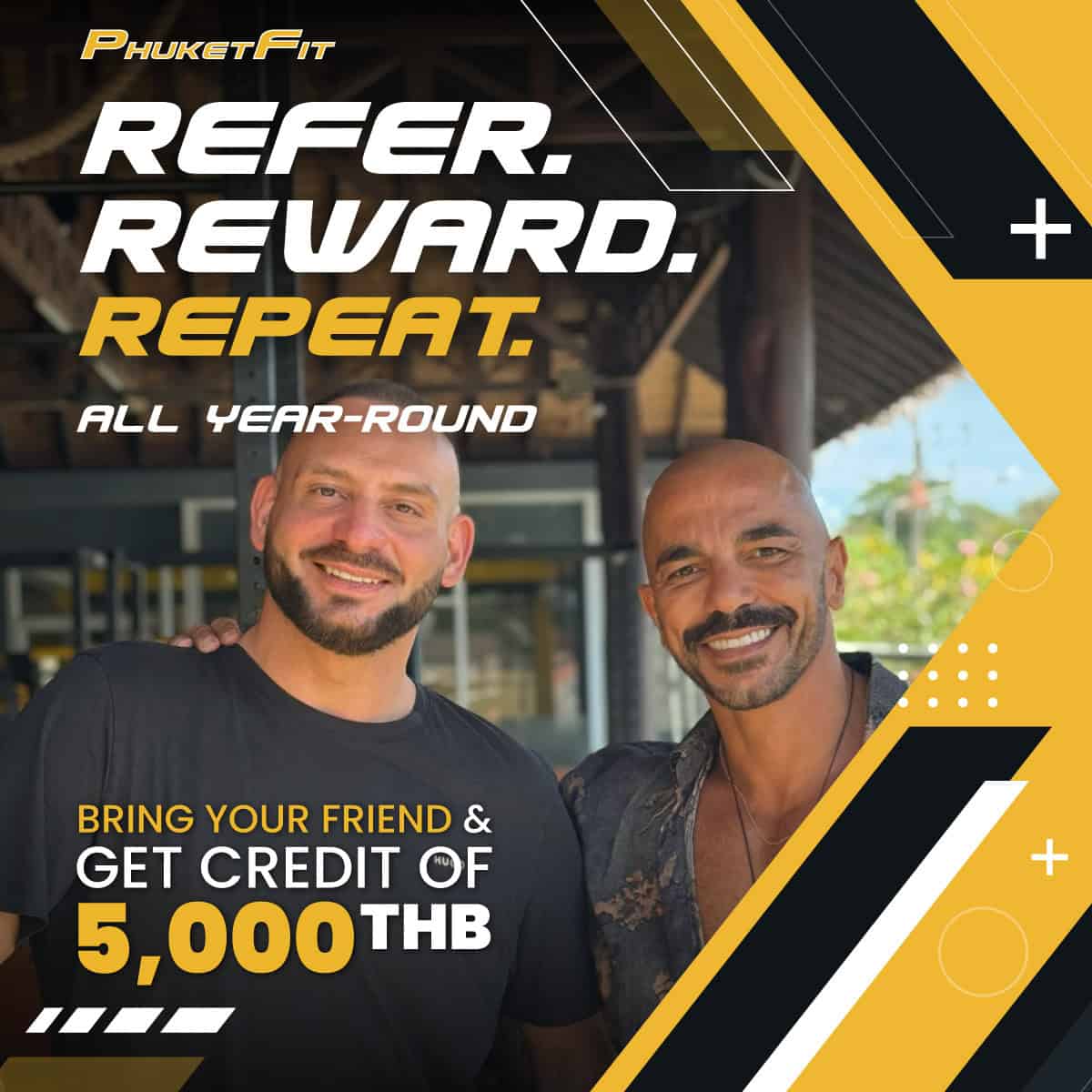 graphic of two happy friends at PhuketFit with text of promoting referral progam