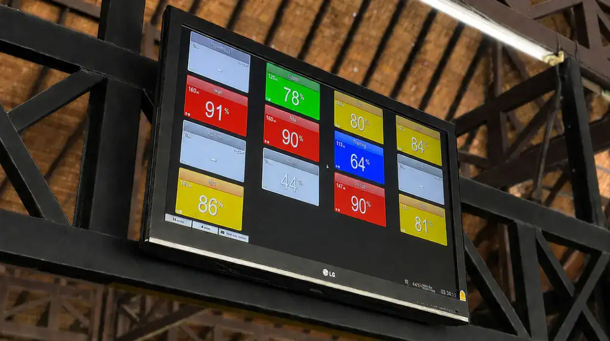 PhuketFit’s live heart-rate dashboard displaying individual effort zones and percentages for multiple participants during a class.
